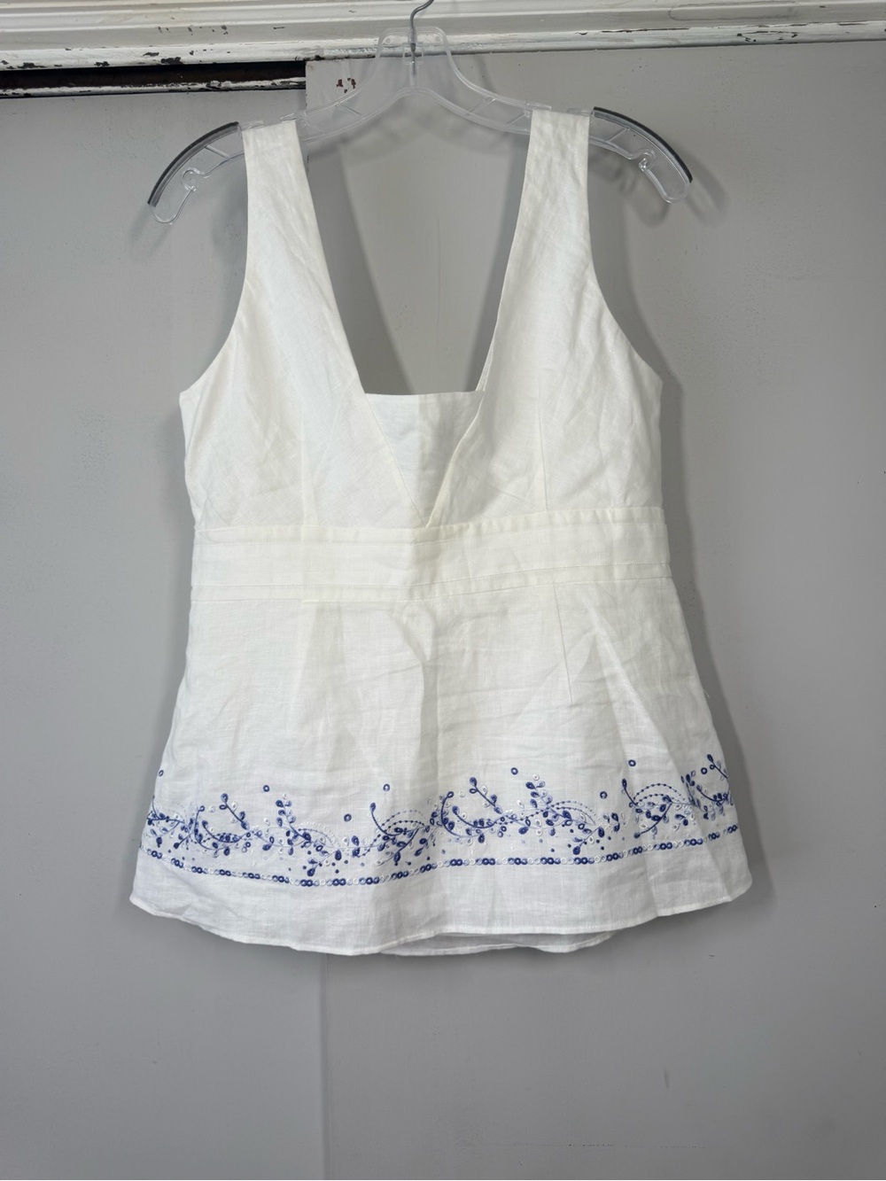 Ann Taylor White Camisole with Blue Embroidered V-Neck and Tie-Waist - Picture 3 of 4
